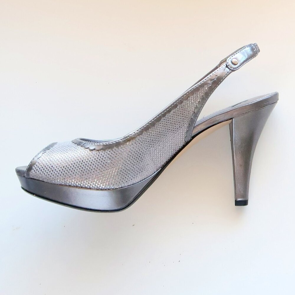 Anne Klein Silver Leather Leather Peep Toe Sling-back Platform Heels Pumps Shoes - Picture 10 of 16